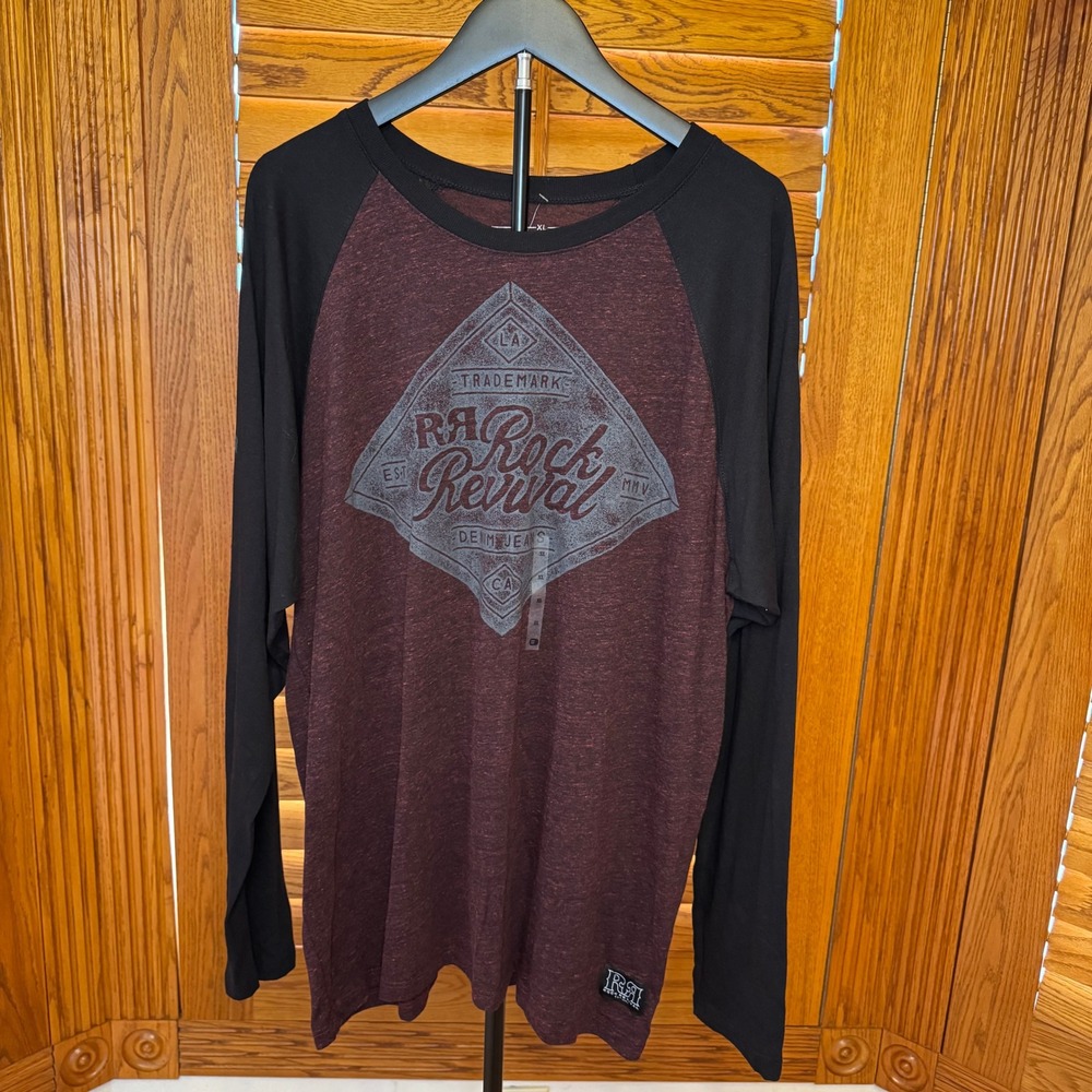 NWT Rock Revival Mens XL Raglan Long Sleeve Graphic T-Shirt Burgundy Black